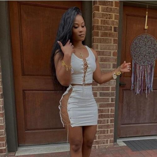 Lace Up Bandage Sexy Hot Women 2 Piece Sets Sleeveless Party Club Hollow Out Outfits Slim Crop Top And Skirt Co-ord Set