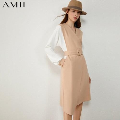 AMII Minimalism Autumn Fashion Olstyle Women Dress Spliced Vneck High Waist Belt Women Dress Knee-length Female Dress 12030436