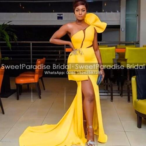 Gold Yellow One Shoulder Prom Dresses With Bow Appliques Mermaid High Split Long Sweep Train Women Celebrity Dress Party