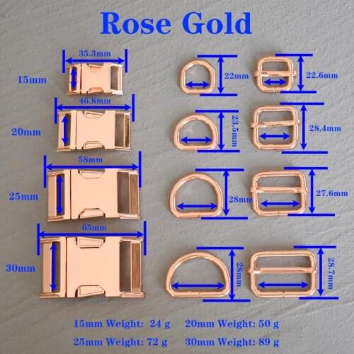 1 Set 15/20/25/30mm Rose Gold Webbing Metal Hardware Strap Slider D Ring Release Belt Buckle For Dog Collar Sewing Accessory