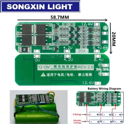 1PCS 3S 20A Li-ion Lithium Battery 18650 Charger PCB BMS Protection Board For Drill Motor 12.6V Lipo Cell Module 64x20x3.4mm DIY