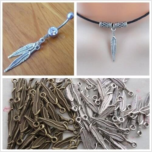 50Pcs Leaf Feather Bead Tibetan Pendant Metal Antique Silver Charms for Jewelry Making DIY Bracelet Necklace Accessories