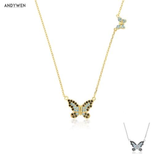 ANDYWEN 925 Sterling Silver Blue Black Big Butterfly Small Butterfly Pendant Long Chain Necklace 2021 Wedding Gift Animal Jewels