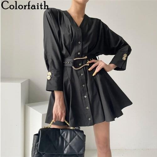 Colorfaith New 2021 Women Summer Shirt Dresses Wild Fashionable Elegant Lady High Waist Vintage Lace Up Mini Dresses DR66317