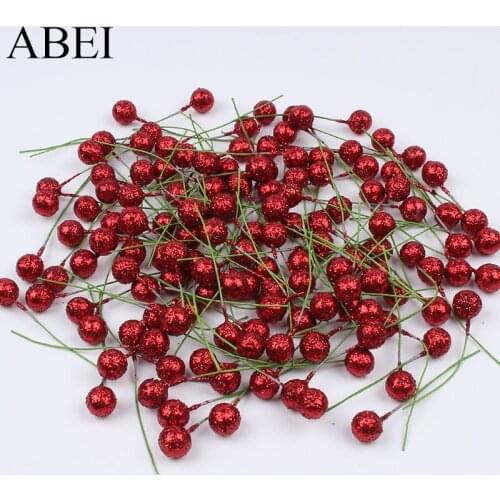 12mm 50pcs Handmade Artificial Flowers Stamens DIY Red berries cherry Fake Glitter Foam Fruit for Wedding Christmas Decoration