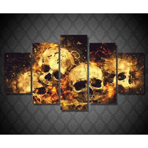 Painting On Canvas Home Decoration Posters Modern 5 Panel Flame Skull For Living Room Wall Art Pictures HD Printed Frame