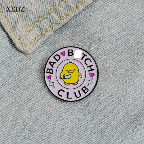 XEDZ Cartoon yellow duck with a knife bad woman club round enamel brooch boys and girls denim clothes pendant jewelry gift