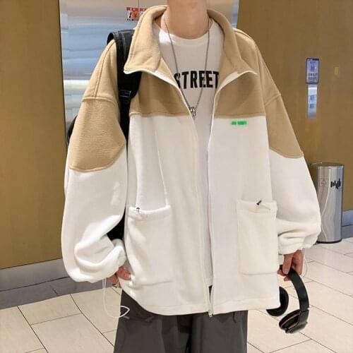 2021 Autumn Winter New Simple White Stitching Loose Large Size Double-sided Fleece Jacket Casual Men Lapel Jacket Free Shipping