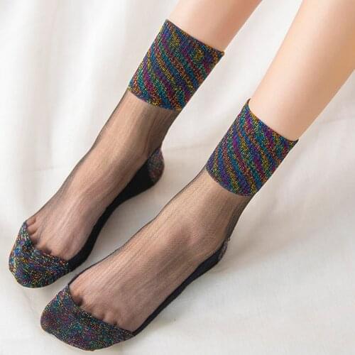 Women Summer Korean Patchwork Colors Crystal Glitter Socks Lady Transparent Mesh Shiny Fishnet Hosiery Thin 8 Colors