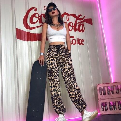 OMSJ 2019 Autumn Women Fashion Sexy Streetwear New Leopard Printing Lace-up Trousers Loose Mid Waist Casual Harem long Pants