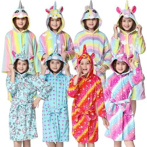 Animal Hooded Pajamas Children Bathrobes Kids Rainbow Unicorn Bath Robe Cartoon Sleepwear For Boys Girls Cosplay Nightgown 3-13Y