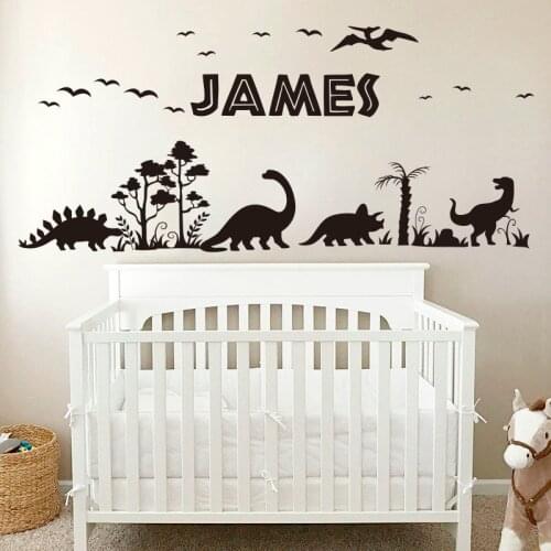 Custom Name Dinosaur Tree Bird Wall Sticker Jungle Forest Dino Jurassic Park Wildlife Adventure Wall Decal Bedroom Nursery Decor