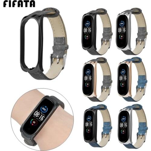 FIFATA Wrist Strap For Xiaomi Mi Band 5 & Mi Band 4 Smart Bracelet Denim+Leather Strap Wristband For For Mi Band 5 4 3 Watchband