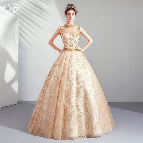 Luxury Gold Ball Gown Sequin Tulle Lace Elegant Evening Dresses 2020 New Fashion Long Formal Evening Gowns XH420