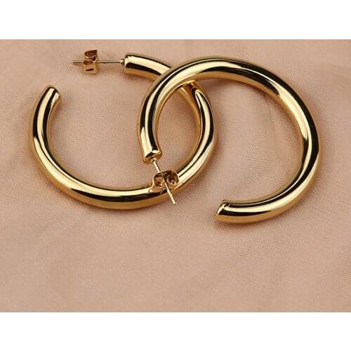 Simple Surgical Steel Hoop Huggie Earrings C-Shaped Women Stainless Gold Silver Color Pendientes Glossy Opening Jewelry Gifts