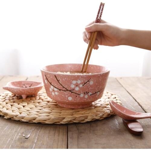 Japanese style 6 inch large soup bowl noodle bowl underglaze snowflake porcelain pink ramen bowl hotel restaurant soup rice bowl
