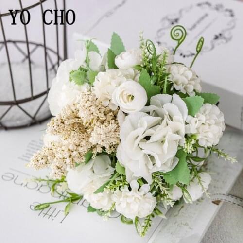 YO CHO Artificial Flower Bouquet Bridesmaid Wedding Flower Fake Hydrangea Silk Rose Home Party Decor Girl Wedding Mini Bouquet