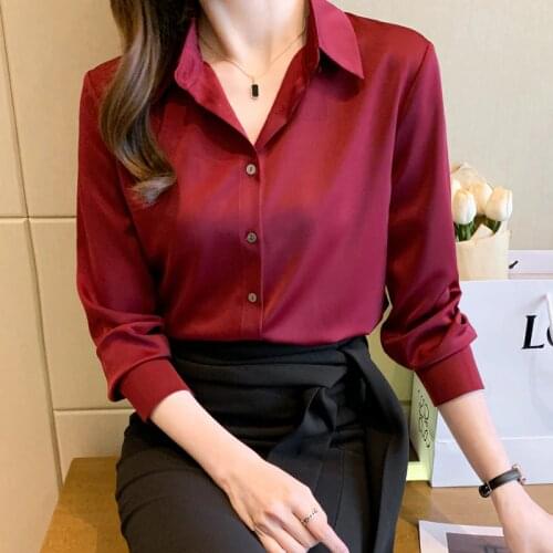 Spring Autumn Turn-Down Collar Solid Satin Chiffon Blouse Shirt Long Sleeve Office Lady Women Office Lady Blouses Tops Blusas