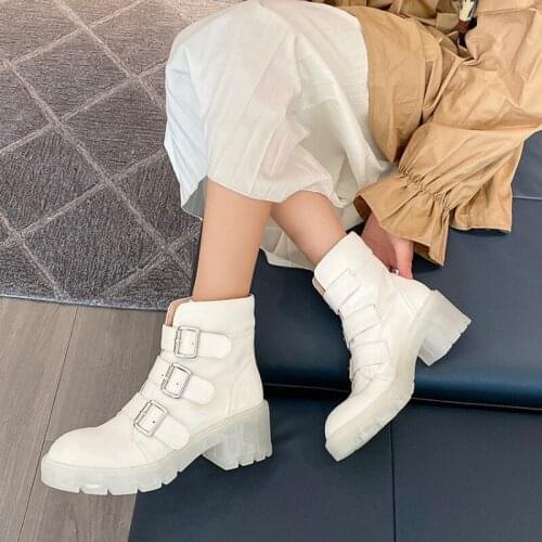 Women Buckle Thick Bottom Platform Woman Ankle Boots Square High Heel Shoes Winter Autumn Daily Short Boots Woman Big Size34-42