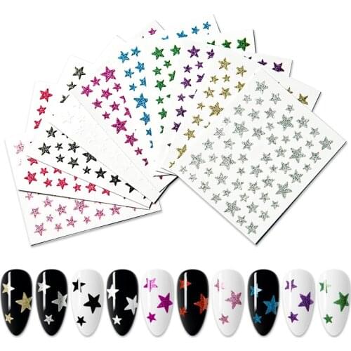 1pcs 3D Stars Nail Decals and Sticker Glitter Shiny Gold Silver Black Adhesive Slider Foils Manicure DIY Decoration