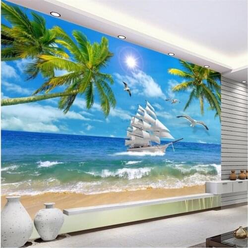 Beibehang 3D frescoes custom sails windy coconut trees sea view landscape TV background wall papel de parede 3d wallpaper