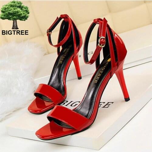 BIGTREE New Concise Peep Toe Buckle OL Office Shoes Women Sandals Solid Patent Leather High Heels Show Thin Brand Womens Shoes