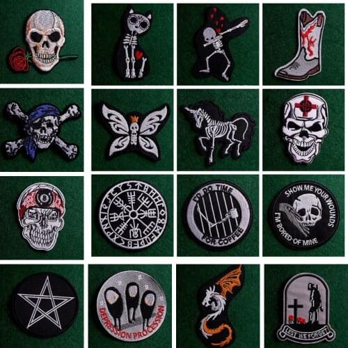 Black And White Rock Stripes Embroidery Patches For Clothing DIY Iron On Patches On Clothes Punk Skull Patch Badges Custom Patch