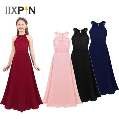 Elegant Flower Girl Dress Chiffon Sleeveless Floral Lace Cutout Back Kids Dresses For Girls Princess Pageant Wedding Party Dress