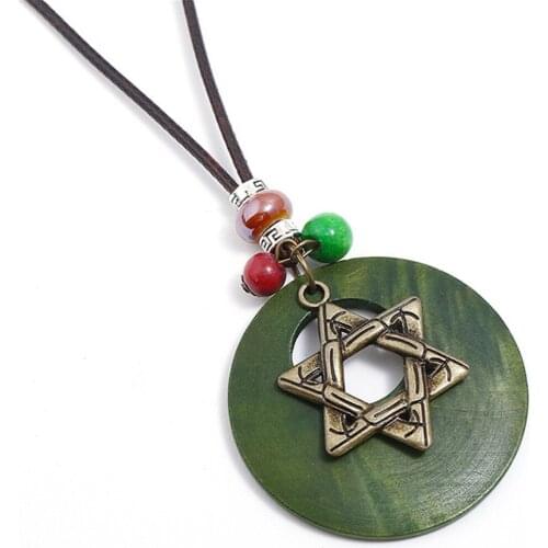 Ethnic Wood Long Vintage Bead Charms Bronze Pendants Leather Necklace Women Sweater Chain Female Men Jewelry