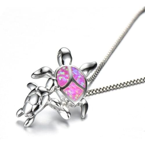 Purple Fire Opal Stone Necklace Cute Mom and Baby Turtle Pendants Necklaces For Women Vintage Boho Silver Color Chain Necklace