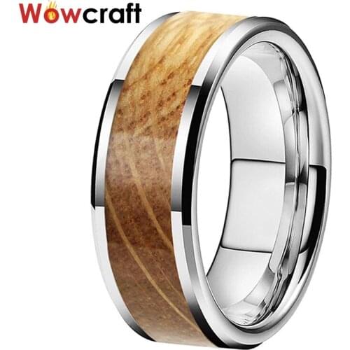 8mm Width Tungsten Carbide Rings for Men Women Wedding Bands Jewelry Beveled Edges Whiskey Barrel Inlay