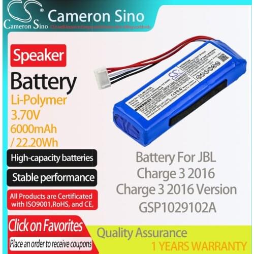 CameronSino Battery for JBL Charge 3 2016 Charge 3 2016 Version fits JBL GSP1029102A Speaker Battery 6000mAh 3.70V Li-Polymer