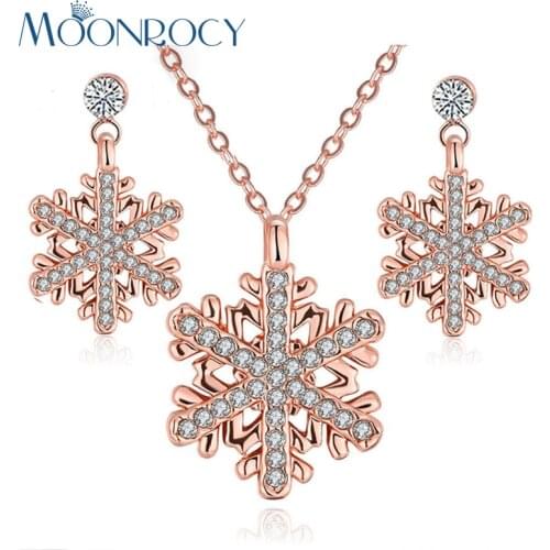 MOONROCY Rose Gold Color Silver Color Drop Shipping CZ Crystal Necklace and Earrings Snow Flower Jewelry Set for Women Gift