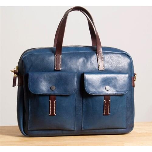 Fashion handmade designer natural real leather mens large-capacity laptop handbag daily work lawyer multi-pocket business bag