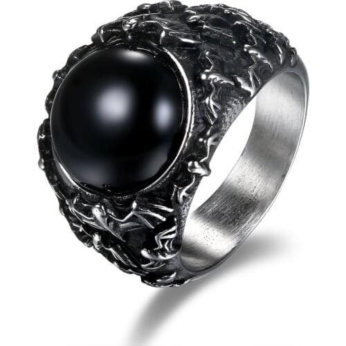BONISKISS Retro Vintage Gothic Black Stainless Steel Mens Ring With Tiger Eye Natural Stones Jewelry