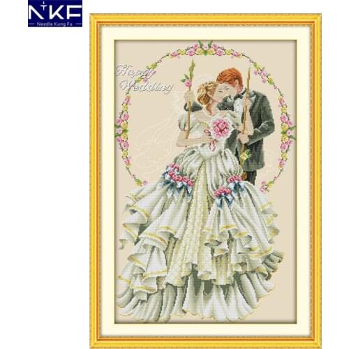 NKF Happy Wedding Cross Stitch Pattern DIY Handmade Craft Needlework Cross Stitch Set Embroidery Kit Stitching Home Decor