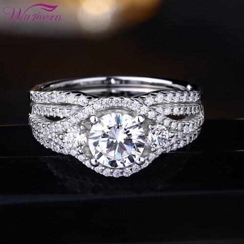 Wuziwen Solid 925 Sterling Silver Wedding Rings For Women 2 Pieces Bridal Set Round Cut AAA Zircon Engagement Ring BR0846