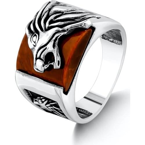 Silver Men Lion Motif Ring Brown Tiger Eye Gemstone Ring Animal Men Jewelry Solid 925 Sterling Silver