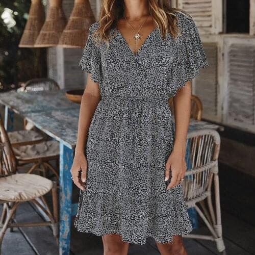 Womens Floral Print Mini Dress V-Neck Short Sleeve Swing Party Dress for Summer d88