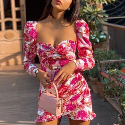 Women Short Tight Dresses Pink Floral Print Lacework Sexy Ladies Low Neck Puff Long Sleeve Summer Womens Dress 2021