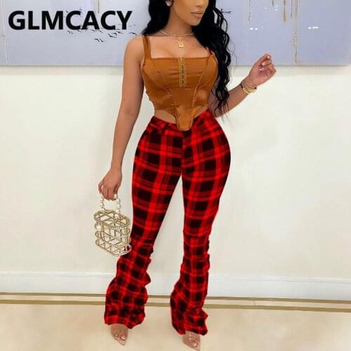 Women Casual Plaid Ruched Flare Pants Slim Chic Trousers