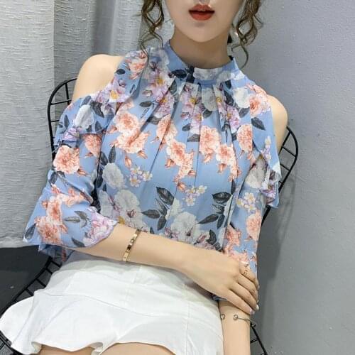 Ruffled floral leaky shoulder top 2020 summer three-quarter sleeve off-shoulder shirt waist chiffon shirt womens trend