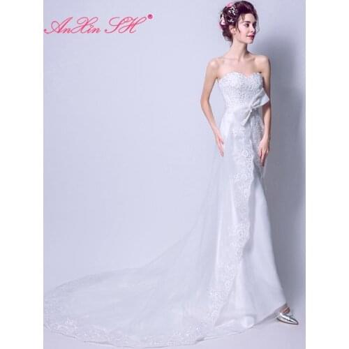 AXJFU Princess vintage flower lace mermaid wedding dress beading flower big bow strapless big bow trumpet wedding dress 2031