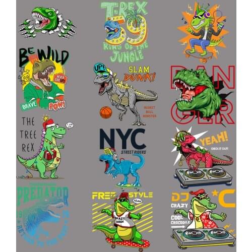 12 Cartoon Dinosaurus Brief Patch Voor Kids Iron On Heat Transfers Voor Kleding Toepassingen Diy T-shirt Applicaties Stickers