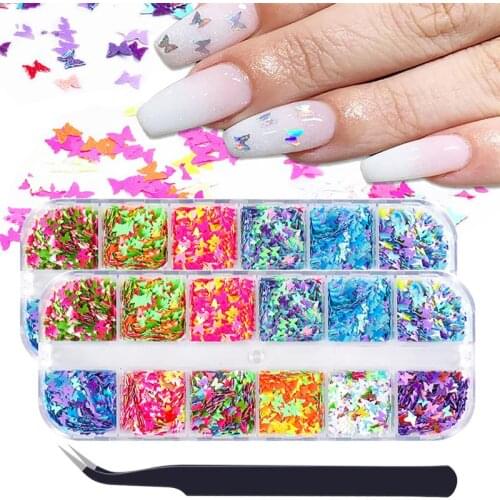 2 Boxes Nail Sequin Butterfly Shaped Nail Glitter Nail Art Decor Mirror Sparkly Butterfly Nail Sequins with Tweezers for Women