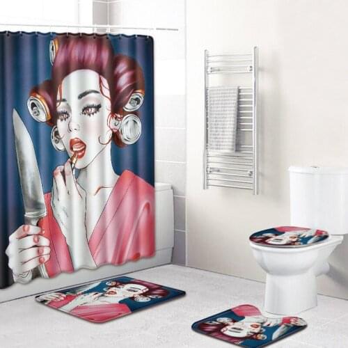 4 Pcs/Set Fashion African American Women Shower Curtains with Hooks Bath Rug Sets Non Slip Carpet Toilet Cover Bath Mat Set