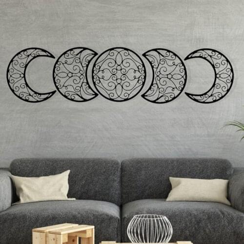 5 Pieces Moon Cycle 3D Wall Sticker Wall Art Decoration Nordic Wood Home Living Room Wall Decoration Boho Bedroom Decor Black