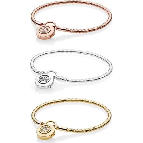 925 sterling silver basic classic three colors lock your heart smooth Pandora bracelet DIY high quality fashion jewelry