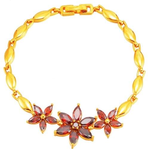 Brillant Red Cubic Zircon Yellow Gold Filled Flower Shaped Womens Bracelet Fashion Wrist Chain