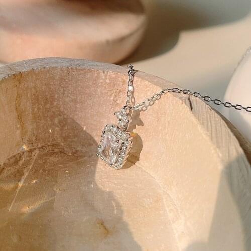 CHUANGU S925 Sterling Silver Minimalist Geometric Transparent Zircon Necklace Pendant Punk Choker Collar Necklace Jewelry